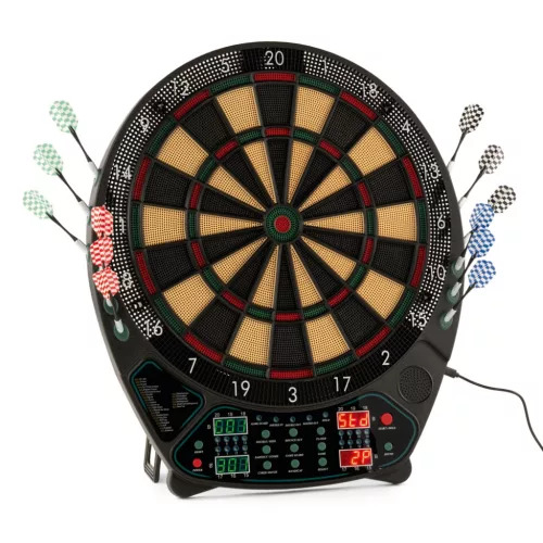Crane YE 4x LED kijelzős elektromos darts tábla készlet, 3 x 4 dart szettel (hálózati adapter nélkül, póthegyekkel), sárga-fekete színű