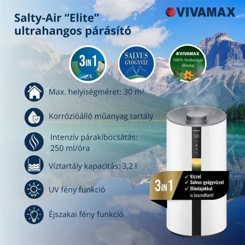 Vivamax GYVH63 Salty-Air Elite ultrahangos párásító készülék UV fény funkcióval, 3,2 literes víztartály