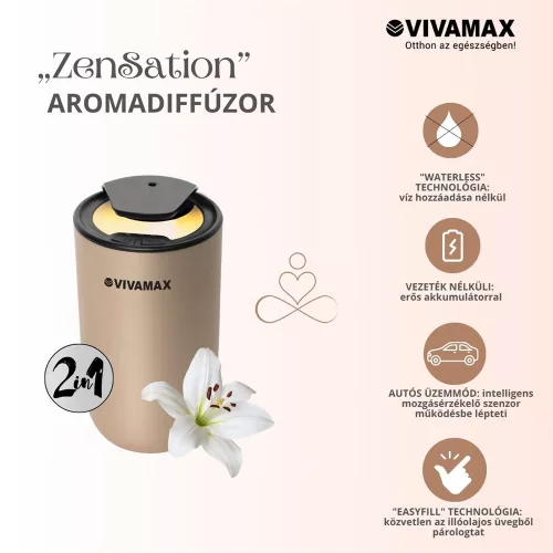 Vivamax GYVH65G ZenSation akkumulátoros illóolaj párologtató, waterless aromadiffúzor autós üzemmóddal, arany