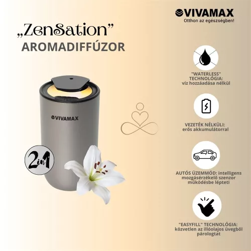 Vivamax GYVH65S ZenSation akkumulátoros illóolaj párologtató, waterless aromadiffúzor autós üzemmóddal, ezüst