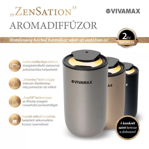 Vivamax GYVH65S ZenSation akkumulátoros illóolaj párologtató, waterless aromadiffúzor autós üzemmóddal, ezüst