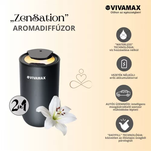 Vivamax GYVH65T ZenSation akkumulátoros illóolaj párologtató, waterless aromadiffúzor autós üzemmóddal, titánium
