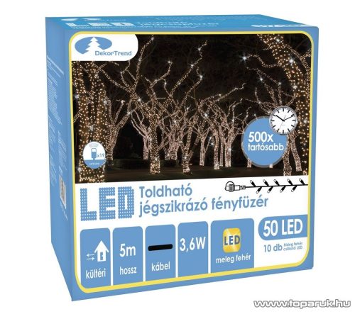 Design Dekor KDK 201 Kültéri toldható 50 LED-es jégszikrázó fényfüzér, 5 méter hosszú, meleg fehér fényű világítással, hideg fehéren csillanó LED-del