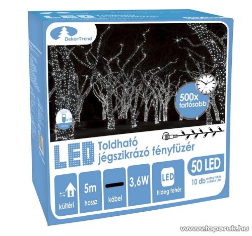 Design Dekor KDK 202 Kültéri toldható 50 LED-es jégszikrázó fényfüzér, 5 méter hosszú, hideg fehér fényű világítással, hideg fehéren csillanó LED-del