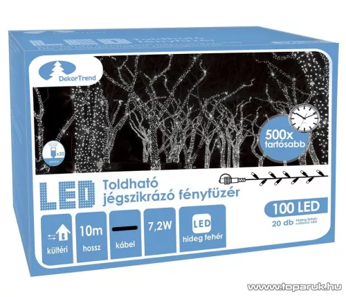 Design Dekor KDK 212 Kültéri toldható 100 LED-es jégszikrázó fényfüzér, 10 méter hosszú, hideg fehér fényű világítással, hideg fehéren csillanó LED-del