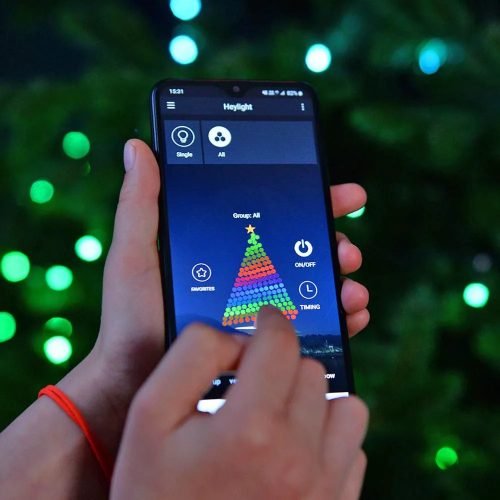 DekorTrend KBT 120 HEYLIGHT Kültéri okos fényfüzér 120 db RGB színes LED-del, fekete kábellel, Bluetooth vezérléssel, 12 m hosszú (IP44)