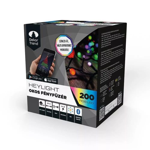DekorTrend KBT 200 HEYLIGHT Kültéri okos fényfüzér 200 db RGB színes LED-del, fekete kábellel, Bluetooth vezérléssel, 20 m hosszú (IP44)