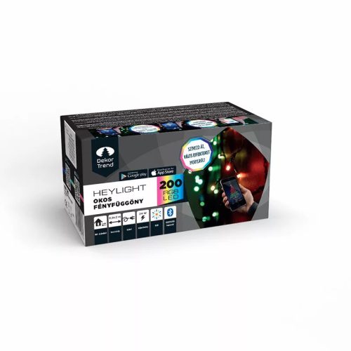 DekorTrend KBT 320 HEYLIGHT Kültéri okos fényfüggöny, 200 db RGB színes LED-del, fekete kábellel, Bluetooth vezérléssel, 90 x 200 cm (IP44)