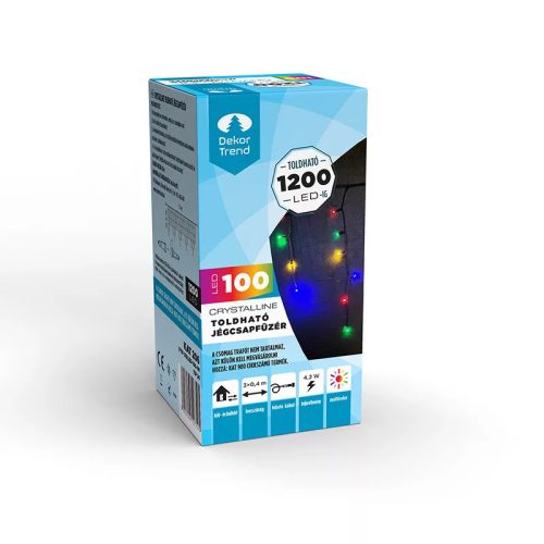 Crystalline KAT 206 MULTI BK Kültéri toldható LED jégcsapfüzér, 300 x 40 cm, 100 db SZÍNES LED-del, fekete színű kábel