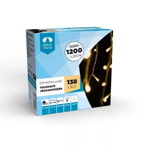 Crystalline KAT 211 WW Kültéri toldható LED jégcsapfüzér, 200 x 90 cm, 138 db MELEG FEHÉR LED-del, átlátszó kábel
