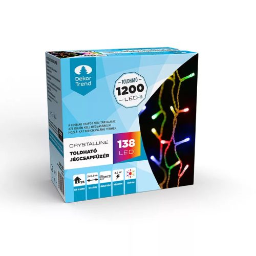 Crystalline KAT 213 MULTI Kültéri toldható LED jégcsapfüzér, 200 x 90 cm, 138 db SZÍNES LED-del, átlátszó kábel