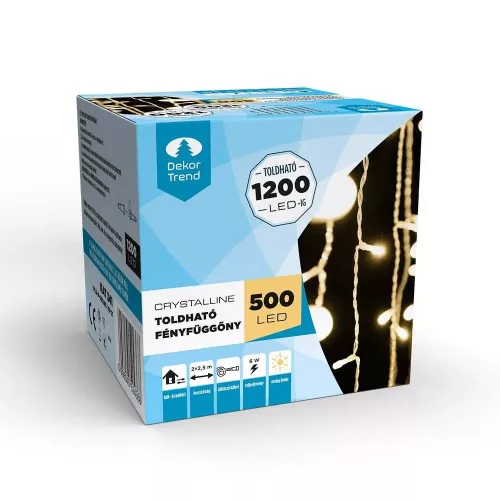Crystalline KAT 341 WW Kültéri toldható LED fényfüggöny, 200 x 250 cm, 500 db MELEG FEHÉR LED-del, átlátszó kábel