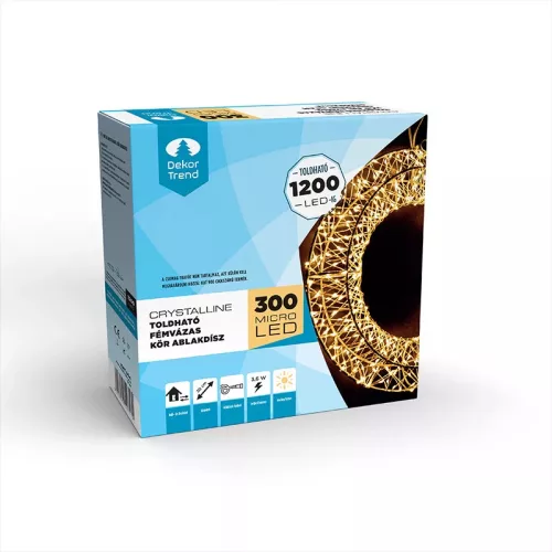 Crystalline KAT 504 WW Kültéri toldható fémvázas kör ablakdísz, 30 cm átmérő, 300 db micro MELEG FEHÉR LED-del, átlátszó kábel
