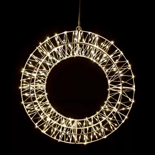 Crystalline KAT 504 WW Kültéri toldható fémvázas kör ablakdísz, 30 cm átmérő, 300 db micro MELEG FEHÉR LED-del, átlátszó kábel