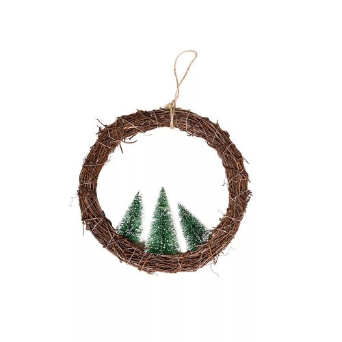 DekorTrend KDA 010 Beltéri elemes akasztható világító rattan ablakdísz fenyőfákkal, 30 db MELEG FEHÉR LED-del, 30 cm