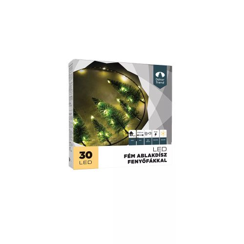 DekorTrend KDA 011 Beltéri elemes akasztható világító fém ablakdísz fenyőfákkal, 30 db MELEG FEHÉR LED-del, 30 cm