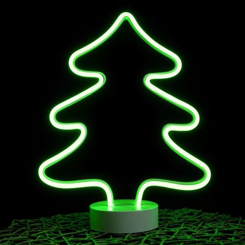 DekorTrend KDA 101 Beltéri vezeték nélküli elemes neonfényű fenyő ablakdísz, ZÖLD színben világít, 31 cm