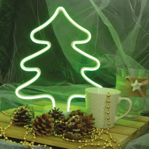 DekorTrend KDA 101 Beltéri vezeték nélküli elemes neonfényű fenyő ablakdísz, ZÖLD színben világít, 31 cm