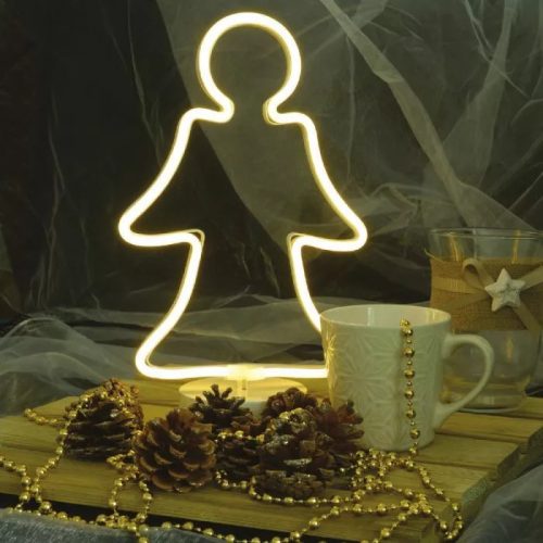 DekorTrend KDA 102 Beltéri vezeték nélküli elemes neonfényű angyalka ablakdísz, MELEG FEHÉR színben, 32 cm