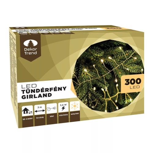 Dekortrend KDC 311 WW Beltéri hálózati tündérfény girland fényfüzér ezüst kábellel, 300 db MELEG FEHÉR LED-del, 3 m