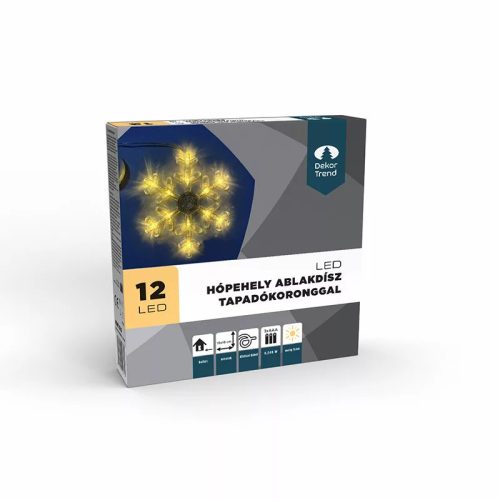 DekorTrend KDE 010 Beltéri elemes hópehely ablakdísz tapadókoronggal, 18 x 18 cm, 12 db MELEG FEHÉR LED-del