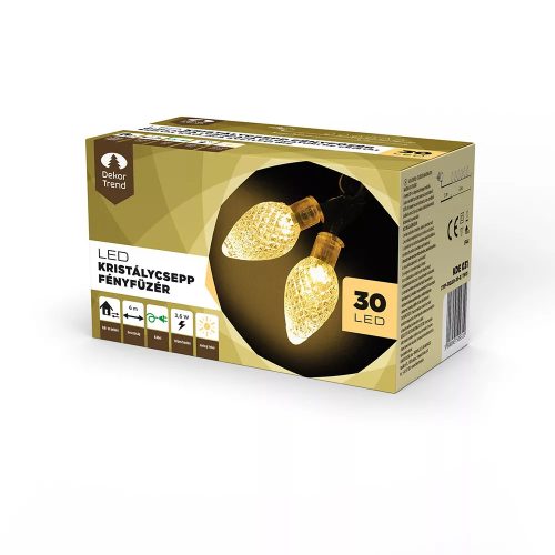 Design Dekor KDE 031 Kültéri 30 LED-es KRISTÁLYCSEPP fényfüzér, 6 m hosszú, zöld színű kábellel, meleg fehér fényű világítással