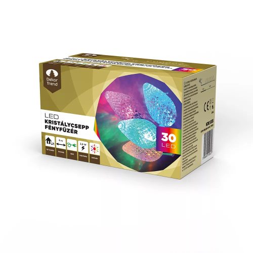Design Dekor KDE 035 Kültéri 30 LED-es KRISTÁLYCSEPP fényfüzér, 6 m hosszú, zöld színű kábellel, színes (multi) világítással