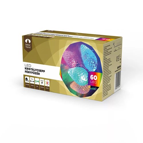 Design Dekor KDE 065 Kültéri 60 LED-es KRISTÁLYCSEPP fényfüzér, 12 m hosszú, zöld színű kábellel, színes (multi) világítással