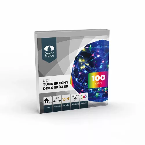 DekorTrend KDE 215 TÜNDÉRFÉNY DEKORFÜZÉR Beltéri elemes, LED-es fényfüzér, 10 m hosszú, 100 db (multi) színes LED-del, állófényű