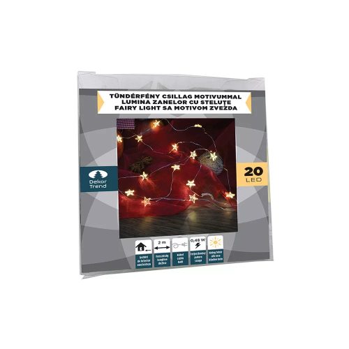 Dekortrend KDE 323 Beltéri elemes tündérfény fényfüzér csillaggal, 20 db MELEG FEHÉR LED-del, ezüst színű rézkábellel, 200 cm