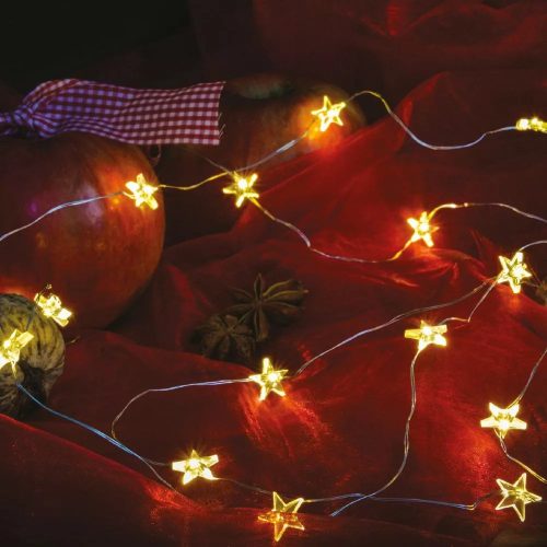 Dekortrend KDE 323 Beltéri elemes tündérfény fényfüzér csillaggal, 20 db MELEG FEHÉR LED-del, ezüst színű rézkábellel, 200 cm