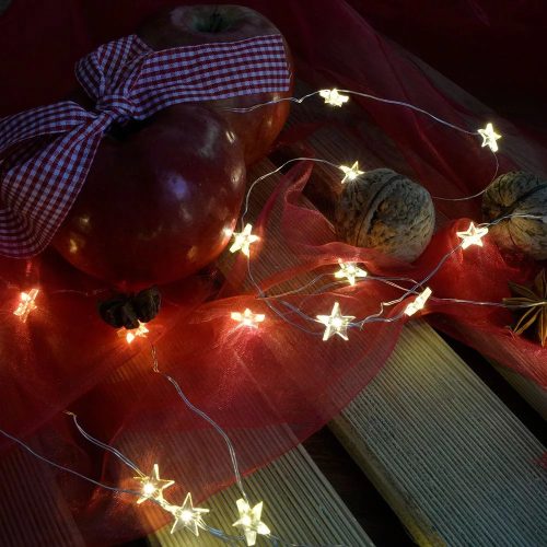 Dekortrend KDE 323 Beltéri elemes tündérfény fényfüzér csillaggal, 20 db MELEG FEHÉR LED-del, ezüst színű rézkábellel, 200 cm