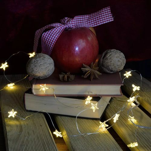 Dekortrend KDE 323 Beltéri elemes tündérfény fényfüzér csillaggal, 20 db MELEG FEHÉR LED-del, ezüst színű rézkábellel, 200 cm
