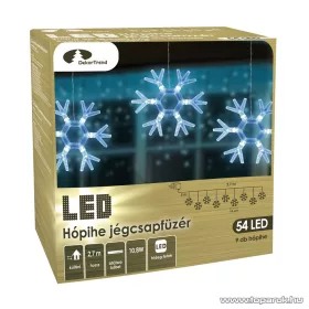   DekorTrend KDH 001 Kültéri LED-es HÓPIHE JÉGCSAPFÜZÉR, 270 cm hosszú, 9 db hideg fehéren világító hópihe