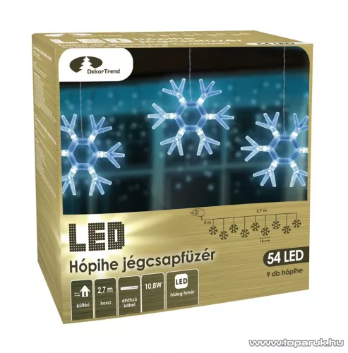 DekorTrend KDH 001 Kültéri LED-es HÓPIHE JÉGCSAPFÜZÉR, 270 cm hosszú, 9 db hideg fehéren világító hópihe