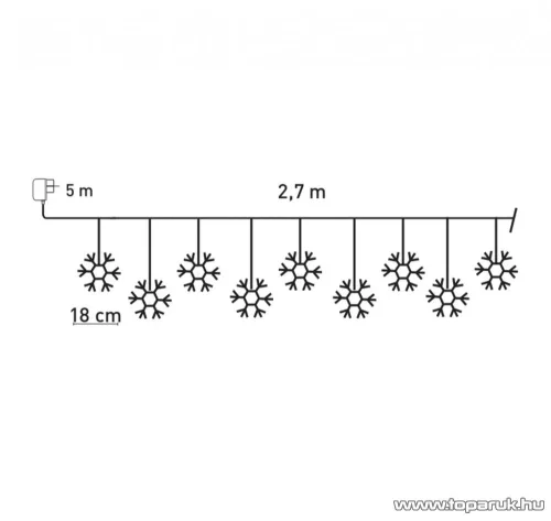 DekorTrend KDH 001 Kültéri LED-es HÓPIHE JÉGCSAPFÜZÉR, 270 cm hosszú, 9 db hideg fehéren világító hópihe