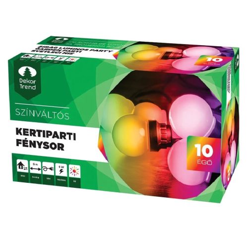 Dekortrend KDK 306 Kültéri színváltós toldható kertiparti fénysor fényfüzér fekete kábellel, 10 égő multi SZÍNES RGB LED-del, 5 méter