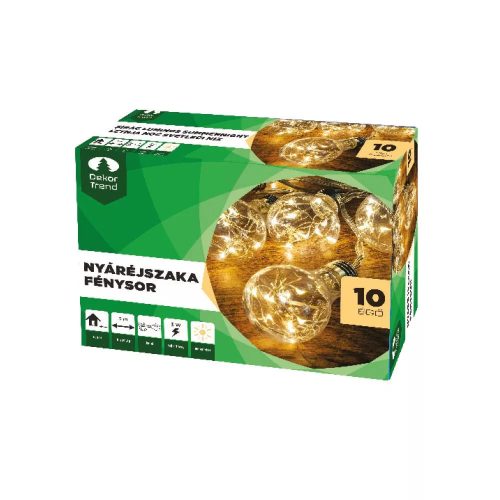 Dekortrend KDK 401 Beltéri nyáréjszaka fénysor fényfüzér átlátszó kábellel, 10 égő MELEG FEHÉE LED-del, 5 méter