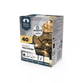   DekorTrend KDT 041 WW Kültéri elemes Basic LED fényfüzér timer időzítő funkcióval, 40 db MELEG FEHÉR LED-del, zöld kábel, 320 cm