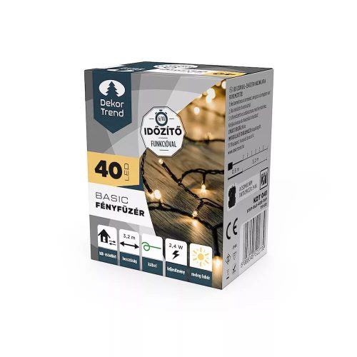 DekorTrend KDT 041 WW Kültéri elemes Basic LED fényfüzér timer időzítő funkcióval, 40 db MELEG FEHÉR LED-del, zöld kábel, 320 cm