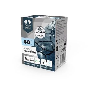   DekorTrend KDT 042 WH Kültéri elemes Basic LED fényfüzér timer időzítő funkcióval, 40 db HIDEG FEHÉR LED-del, zöld kábel, 320 cm