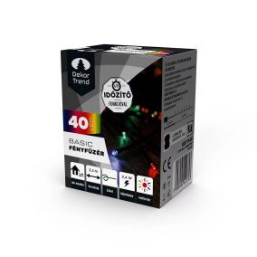   DekorTrend KDT 045 MULTI Kültéri elemes Basic LED fényfüzér timer időzítő funkcióval, 40 db MULTI SZÍNES LED-del, zöld kábel, 320 cm