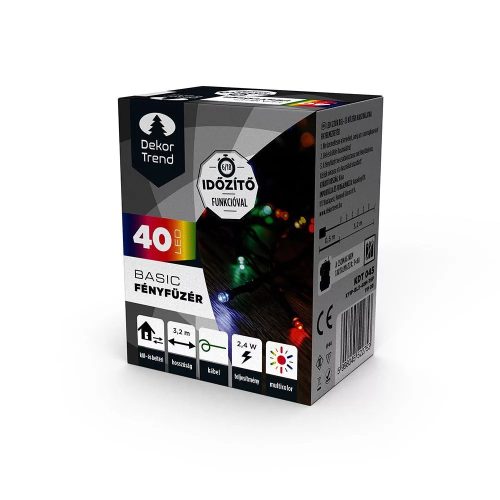 DekorTrend KDT 045 MULTI Kültéri elemes Basic LED fényfüzér timer időzítő funkcióval, 40 db MULTI SZÍNES LED-del, zöld kábel, 320 cm