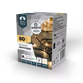   DekorTrend KDT 081 WW Kültéri elemes Basic LED fényfüzér timer időzítő funkcióval, 80 db MELEG FEHÉR LED-del, zöld kábel, 640 cm