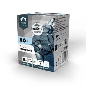   DekorTrend KDT 082 WH Kültéri elemes Basic LED fényfüzér timer időzítő funkcióval, 80 db HIDEG FEHÉR LED-del, zöld kábel, 640 cm