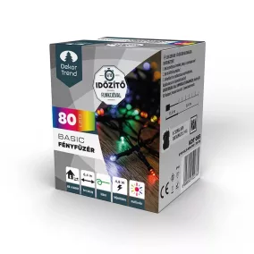   DekorTrend KDT 085 MULTI Kültéri elemes Basic LED fényfüzér timer időzítő funkcióval, 80 db MULTI SZÍNES LED-del, zöld kábel, 640 cm