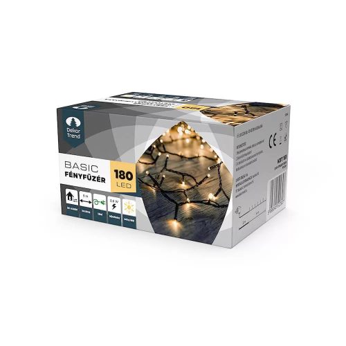 DekorTrend KDT 181 WW Basic Kültéri LED-es fényfüzér zöld színű kábellel, 180 db MELEG FEHÉR LED-del, 9 m hosszú