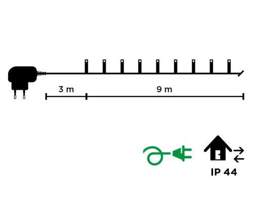 DekorTrend KDT 181 WW Basic Kültéri LED-es fényfüzér zöld színű kábellel, 180 db MELEG FEHÉR LED-del, 9 m hosszú