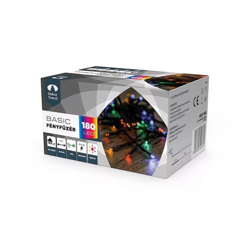 DekorTrend KDT 185 MULTI Basic Kültéri LED-es fényfüzér zöld színű kábellel, 180 db SZÍNES LED-del, 9 m hosszú