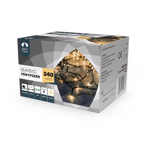 DekorTrend KDT 241 WW Basic Kültéri LED-es fényfüzér zöld színű kábellel, 240 db MELEG FEHÉR LED-del, 12 m hosszú